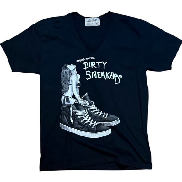 Dom Rebel Graphic T-Shirt Womens Black V-Neck Finders Keepers Dirty Sneakers XL - Picture 2 of 8